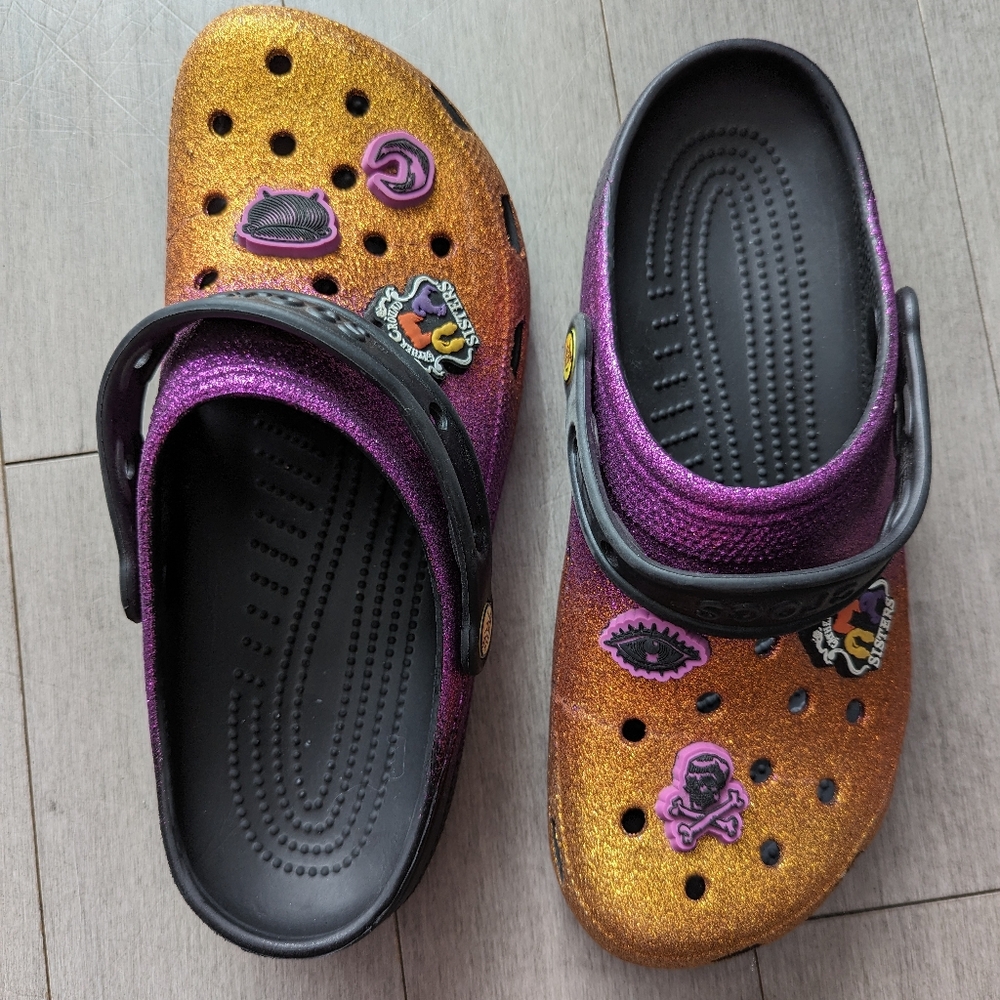 CROCS Glitter Mules in Purple and Gold
